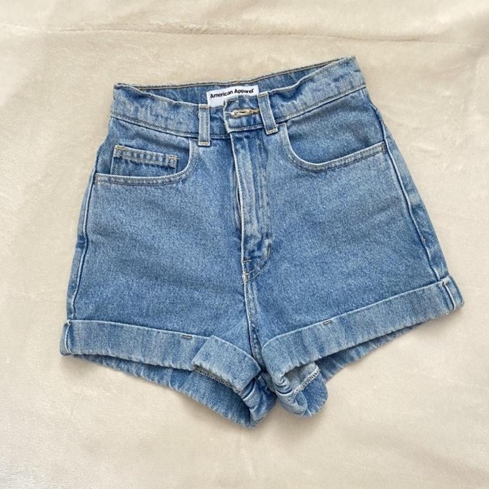 American Apparel Light Wash High-Rise Cuffed Denim Shorts